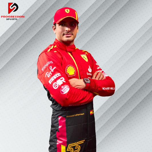 2023 Carlos Sainz Ferrari F1 Spain GP race suit in red with Spanish flag details and official sponsor logos

