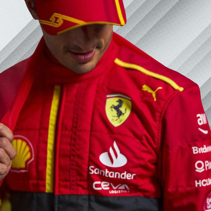 2023 Carlos Sainz Ferrari F1 Spain GP race suit in red with Spanish flag details and official sponsor logos

