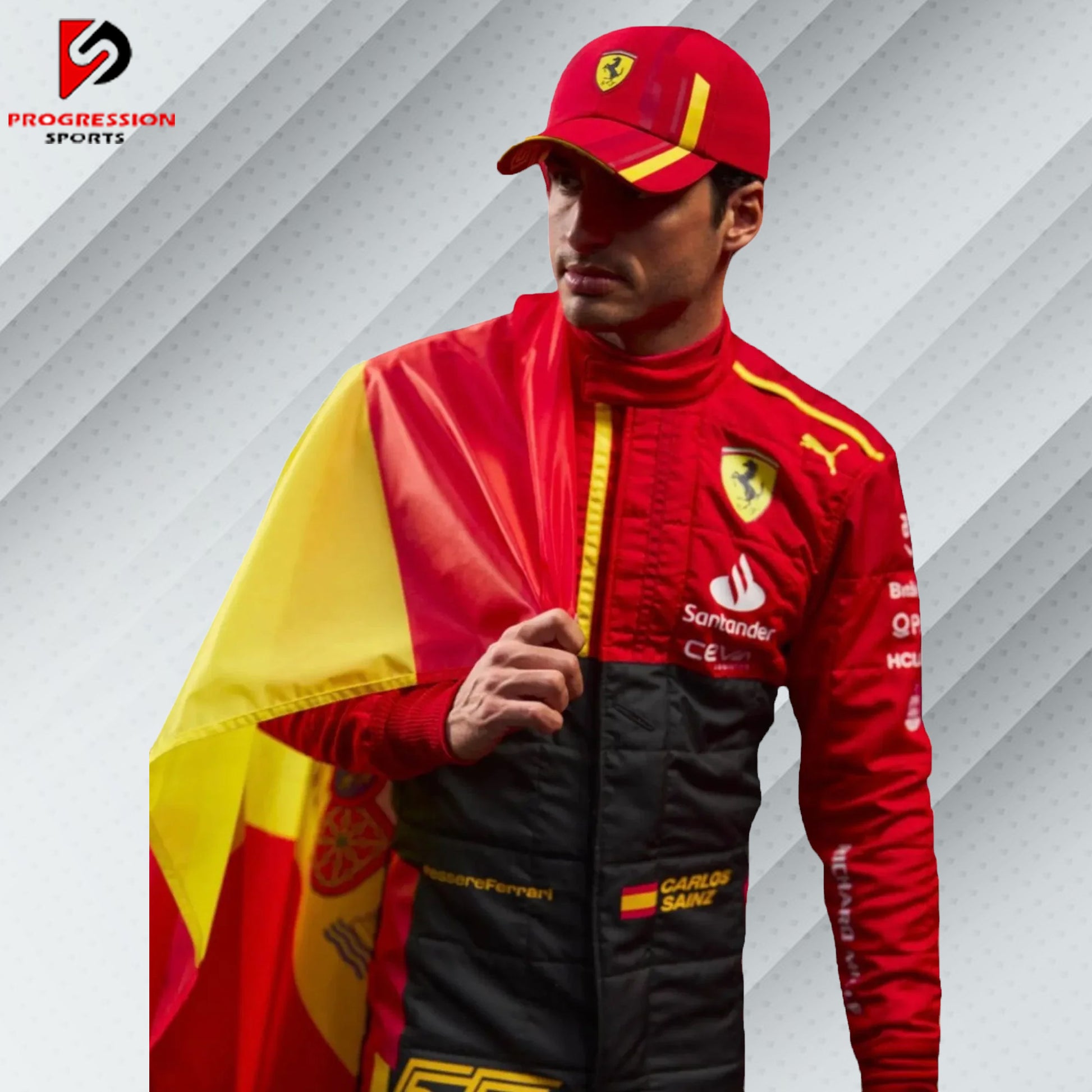 2023 Carlos Sainz Ferrari F1 Spain GP race suit in red with Spanish flag details and official sponsor logos


