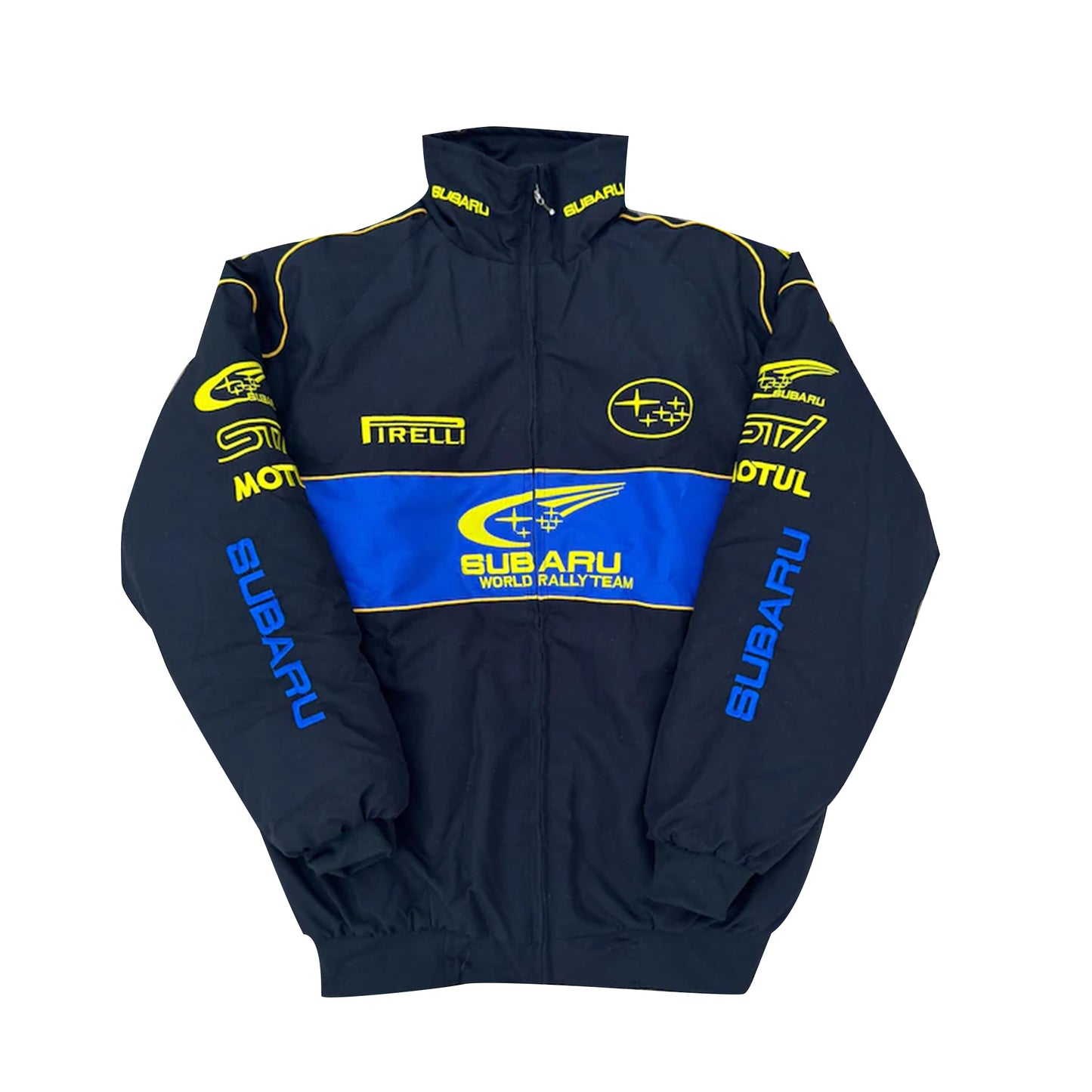 Subaru World Rally Team Racing Jacket by Progression Race Wear – retro rally jacket with embroidered Subaru details for motorsport fans.