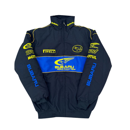 Subaru World Rally Team Racing Jacket by Progression Race Wear – retro rally jacket with embroidered Subaru details for motorsport fans.