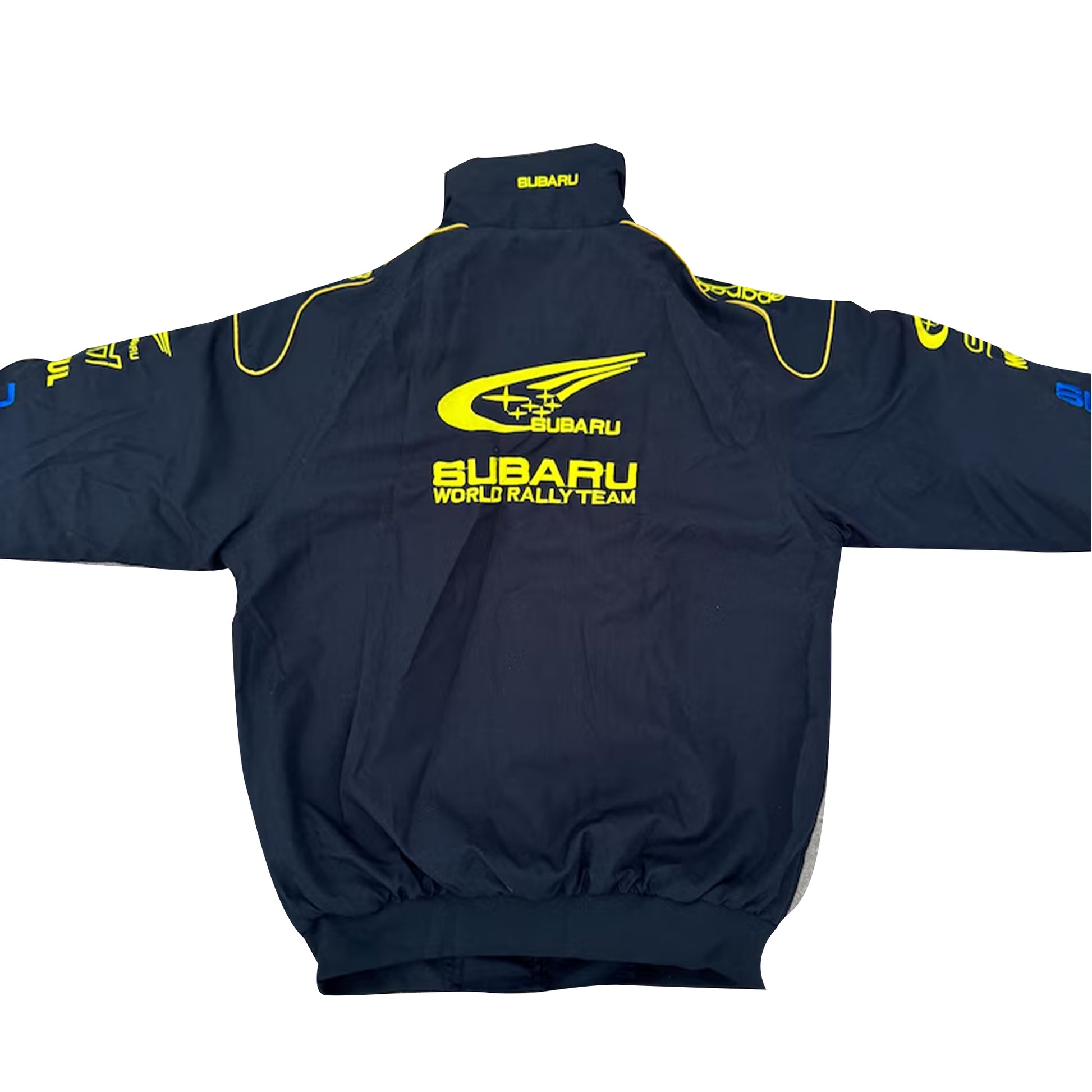 Subaru World Rally Team Racing Jacket by Progression Race Wear – retro rally jacket with embroidered Subaru details for motorsport fans.