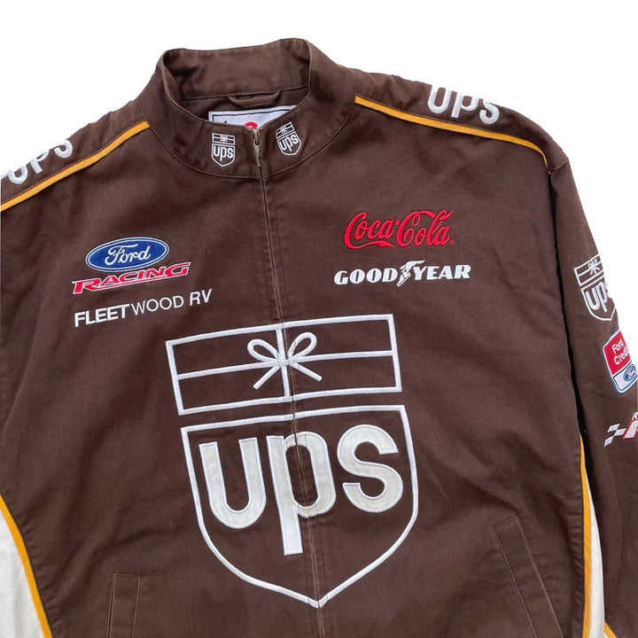 Vintage UPS Brown NASCAR Racing Jacket by Progression Race Wear – classic retro racing style with premium embroidery.