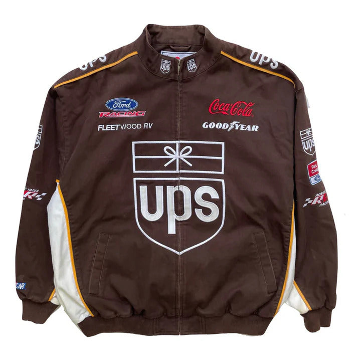 Vintage UPS Brown NASCAR Racing Jacket by Progression Race Wear – classic retro racing style with premium embroidery.