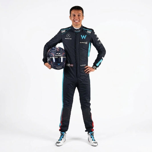 2022 Alexander Albon Williams F1 Race Suit in navy blue and cyan livery front view