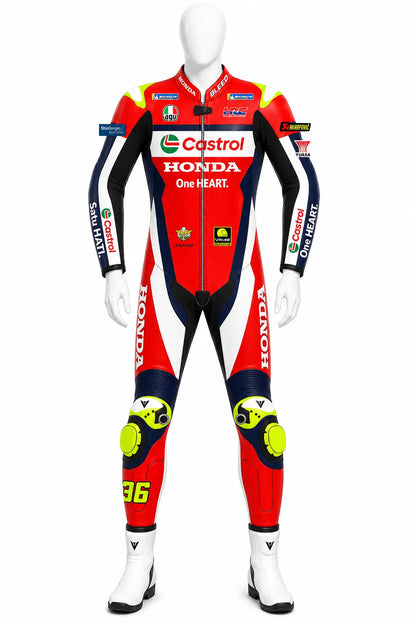 2025 Joan Mir Honda Castrol MotoGP leather race suit in red, white, and navy with CE Level 2 armor, front view
