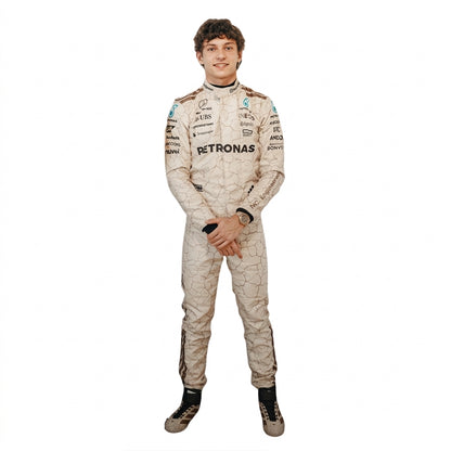 Andrea Kimi Antonelli 2025 USA Austin GP F1 Race Suit in beige cracked-earth livery front view