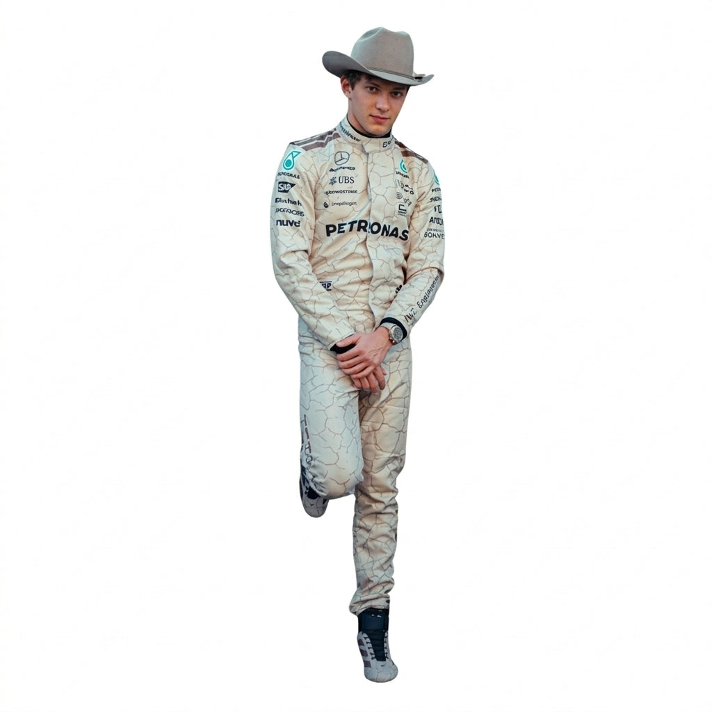 Andrea Kimi Antonelli 2025 USA Austin GP F1 Race Suit in beige cracked-earth livery front view