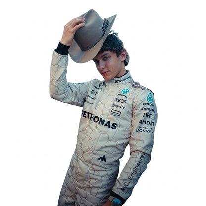 Andrea Kimi Antonelli 2025 USA Austin GP F1 Race Suit in beige cracked-earth livery front view