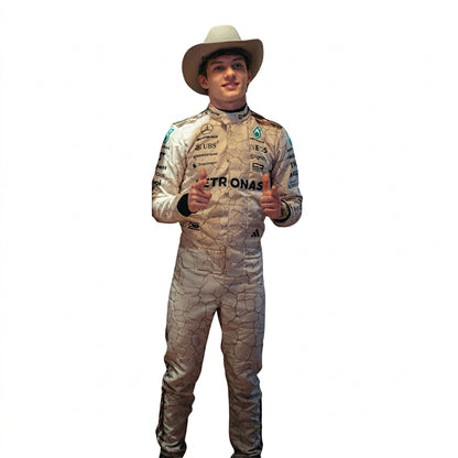 Andrea Kimi Antonelli 2025 USA Austin GP F1 Race Suit in beige cracked-earth livery front view