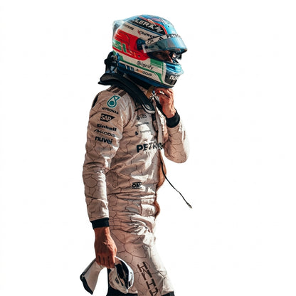 Andrea Kimi Antonelli 2025 USA Austin GP F1 Race Suit in beige cracked-earth livery front view