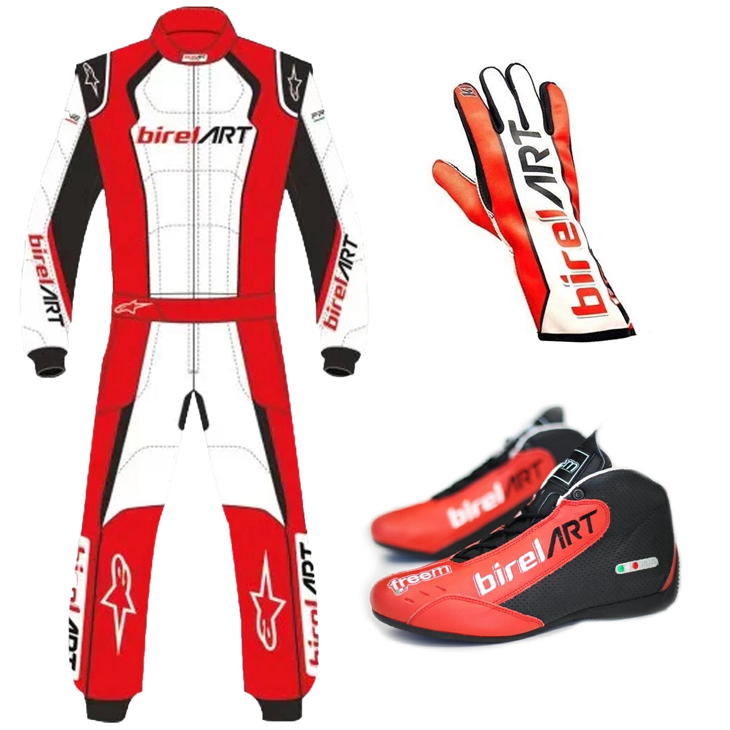 Get the complete professional karting look with the 2019 Birel ART Go-Kart Race Suit, Shoes & Gloves Replica