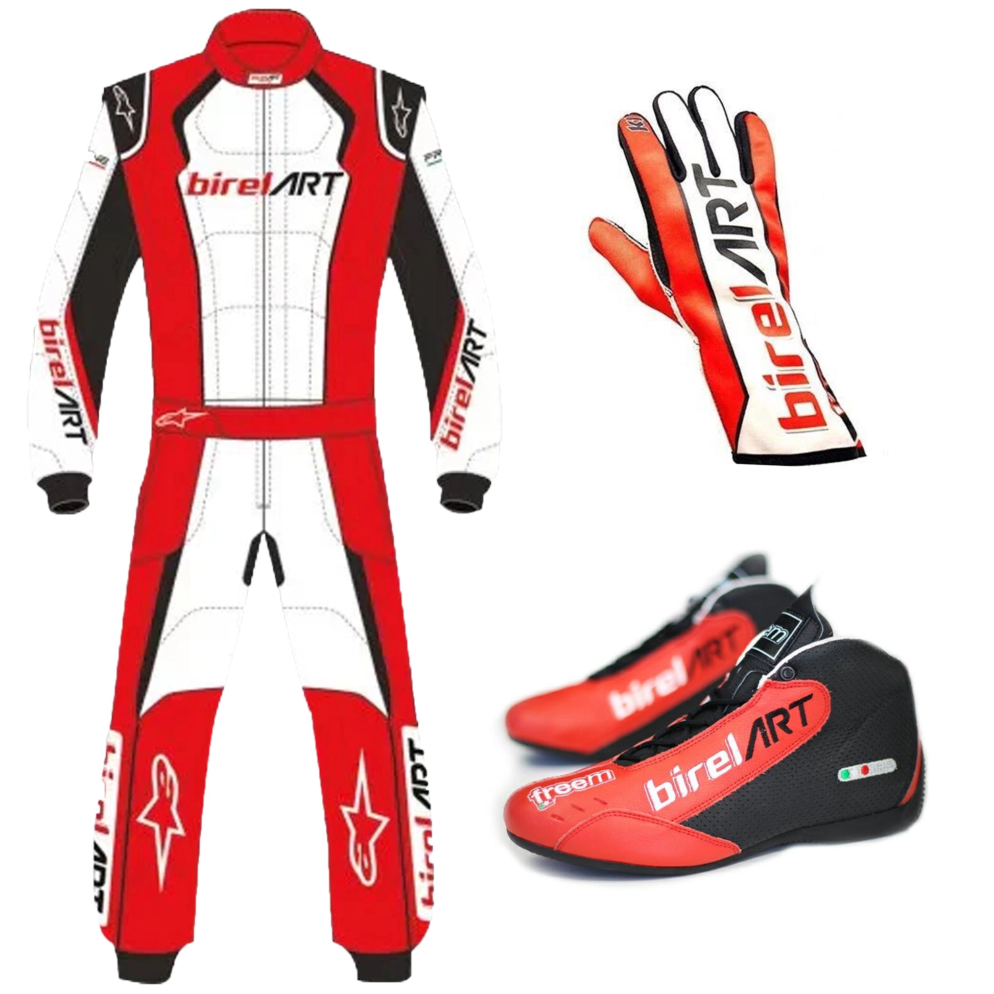 Get the complete professional karting look with the 2019 Birel ART Go-Kart Race Suit, Shoes & Gloves Replica