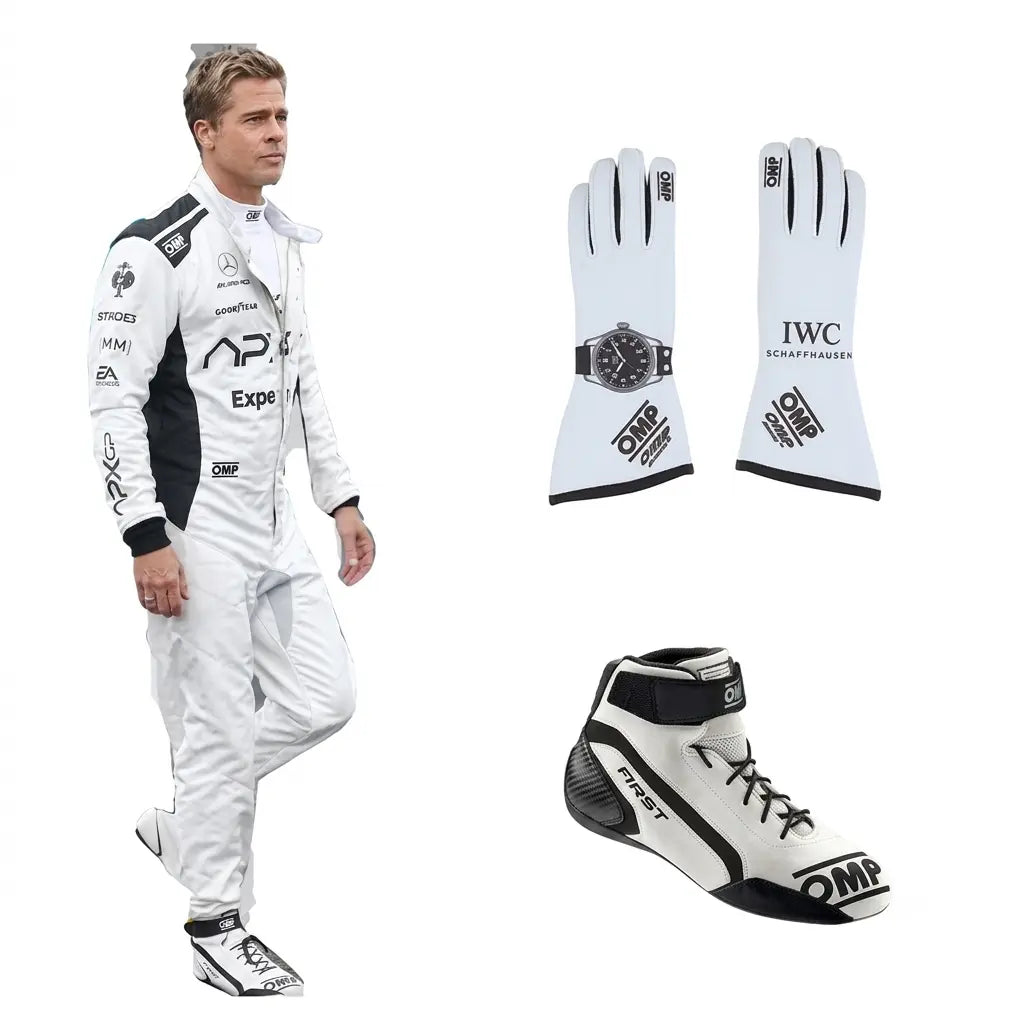 Brad Pitt APX GP F1 Race Suit Kit featuring white and black movie livery race suit, matching white gloves, and white low-profile driving shoes