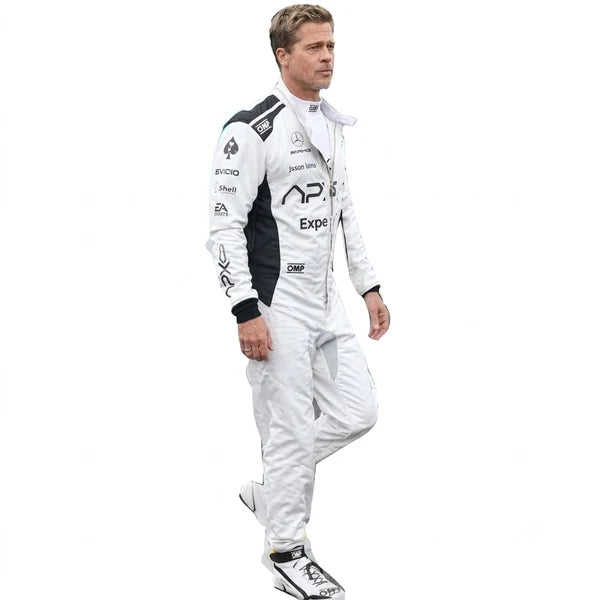 Brad Pitt APX GP F1 Race Suit Kit featuring white and black movie livery race suit, matching white gloves, and white low-profile driving shoes