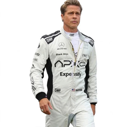 Brad Pitt APX GP F1 Race Suit Kit featuring white and black movie livery race suit, matching white gloves, and white low-profile driving shoes