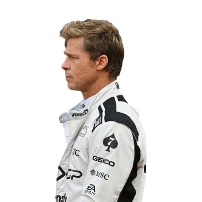 Brad Pitt APX GP F1 Race Suit Kit featuring white and black movie livery race suit, matching white gloves, and white low-profile driving shoes