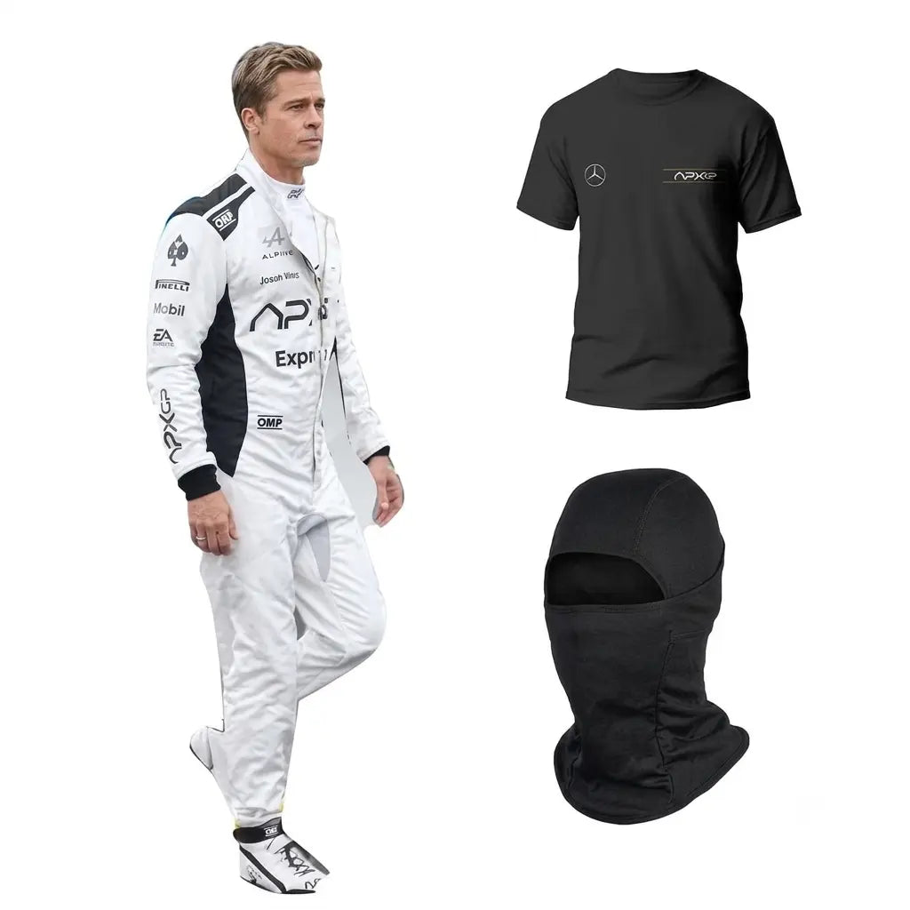 Brad Pitt APX GP F1 Racing Suit Kit featuring white and black movie livery race suit, black APX GP team t-shirt, and black balaclava