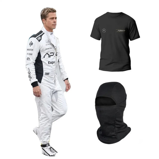 Brad Pitt APX GP F1 Racing Suit Kit featuring white and black movie livery race suit, black APX GP team t-shirt, and black balaclava