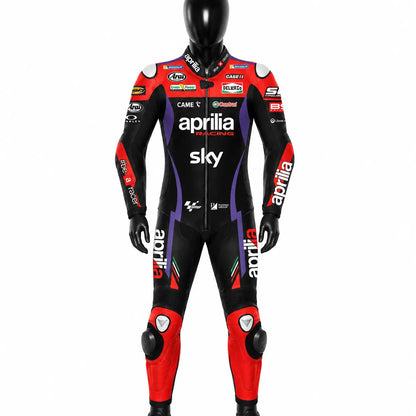 2024 Maverick Viñales Aprilia Racing MotoGP leather race suit in black, red, and purple with CE Level 2 armor, front view