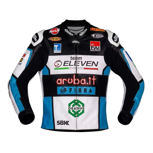 Chaz Davies WSBK racing jacket Ducati 2021 front view in white black and blue leather with Team GoEleven sponsor logos
