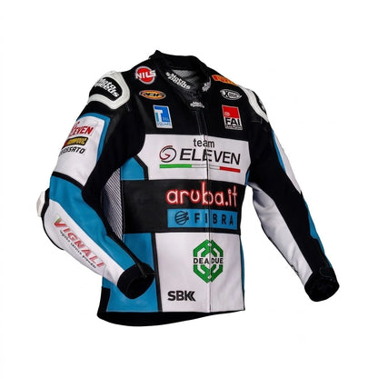 Chaz Davies WSBK racing jacket Ducati 2021 front view in white black and blue leather with Team GoEleven sponsor logos