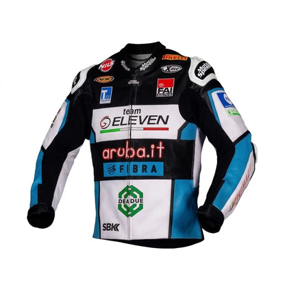 Chaz Davies WSBK racing jacket Ducati 2021 front view in white black and blue leather with Team GoEleven sponsor logos