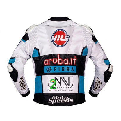 Chaz Davies WSBK racing jacket Ducati 2021 front view in white black and blue leather with Team GoEleven sponsor logos