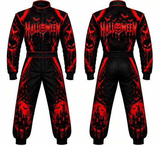 Custom Halloween Race Suit 2026 edition red and black sublimated karting suit front and back view