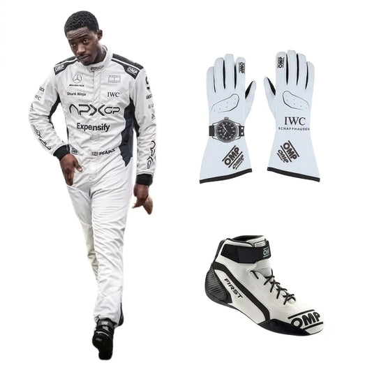 Damson Idris APX GP F1 Movie Race Suit Kit featuring white and black movie livery race suit, matching white gloves, and white low-profile driving shoes
