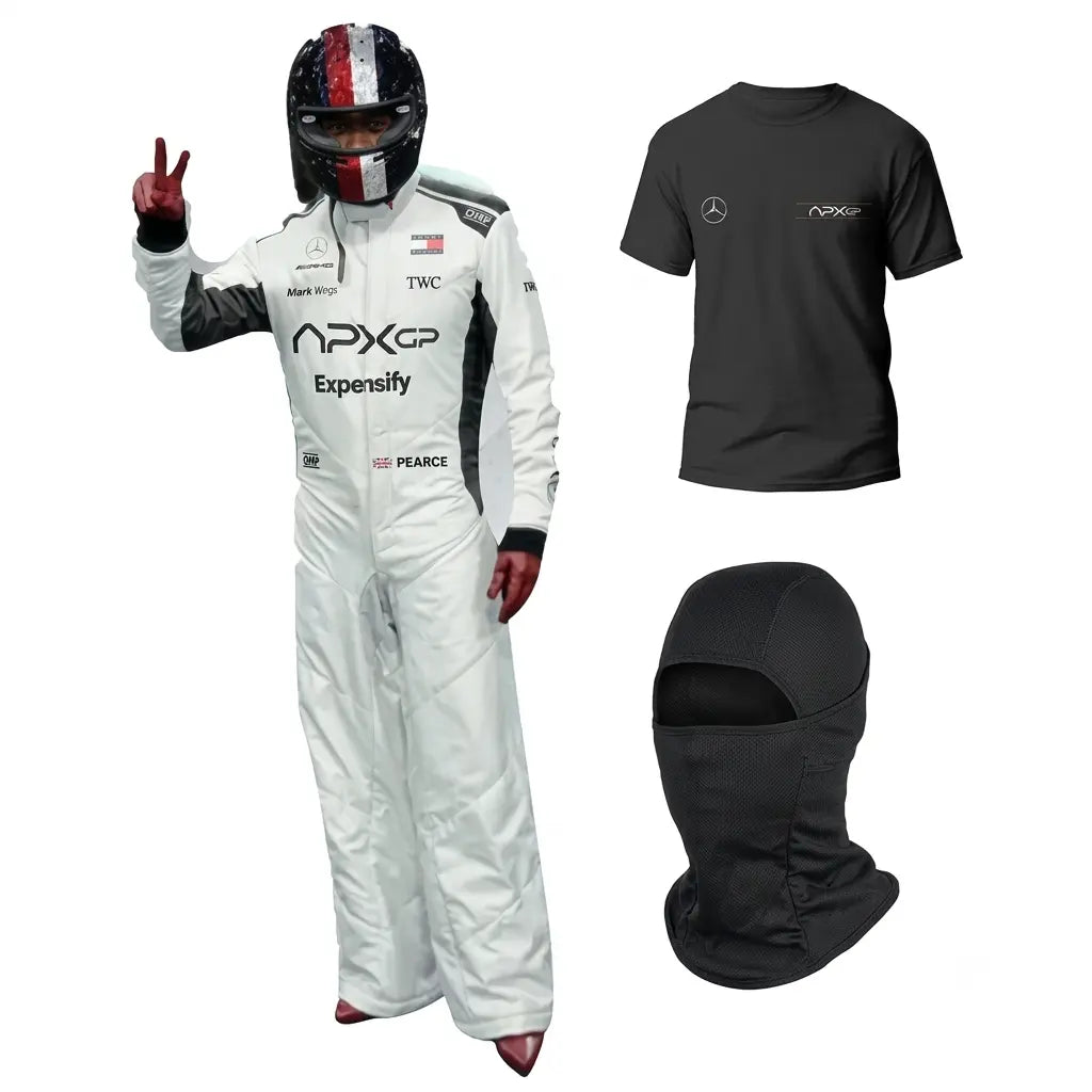 Damson Idris APX GP F1 Racing Suit Kit featuring white and black movie livery race suit, black APX GP team t-shirt, and black balaclava