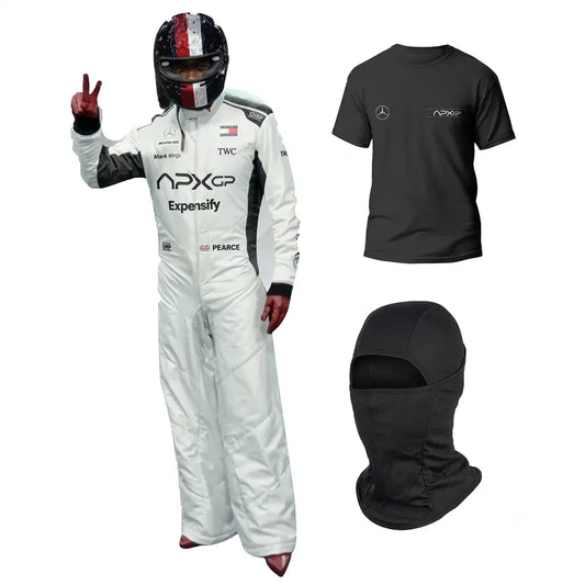 Damson Idris APX GP F1 Racing Suit Kit featuring white and black movie livery race suit, black APX GP team t-shirt, and black balaclava