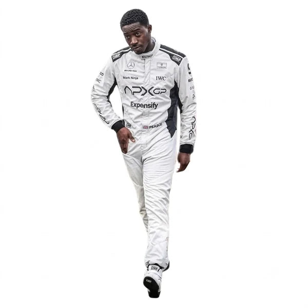 Damson Idris APX GP F1 Racing Suit Kit featuring white and black movie livery race suit, black APX GP team t-shirt, and black balaclava