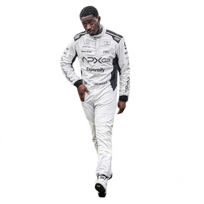 Damson Idris APX GP F1 Racing Suit Kit featuring white and black movie livery race suit, black APX GP team t-shirt, and black balaclava