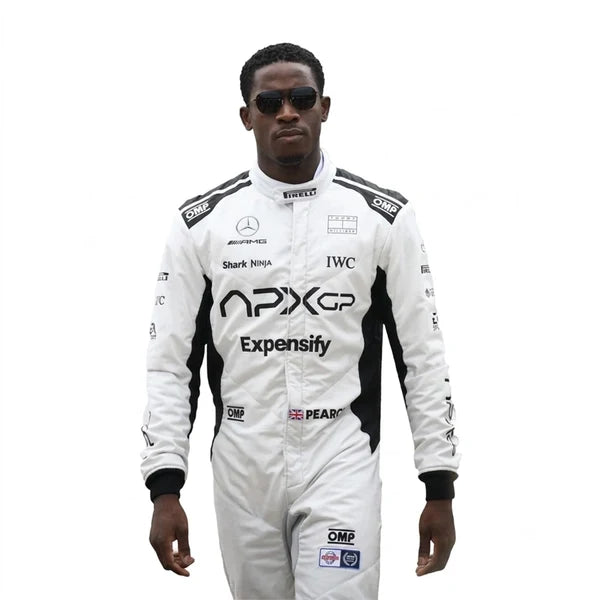 Damson Idris APX GP F1 Racing Suit Kit featuring white and black movie livery race suit, black APX GP team t-shirt, and black balaclava