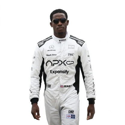 Damson Idris APX GP F1 Racing Suit Kit featuring white and black movie livery race suit, black APX GP team t-shirt, and black balaclava