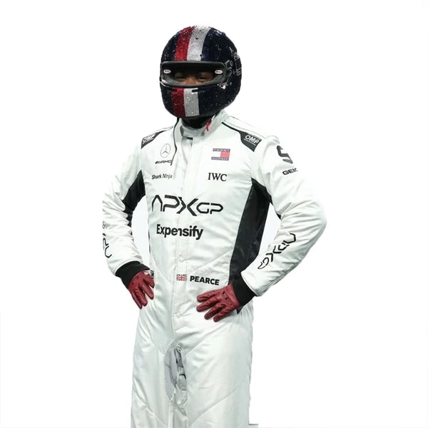 Damson Idris APX GP F1 Racing Suit Kit featuring white and black movie livery race suit, black APX GP team t-shirt, and black balaclava