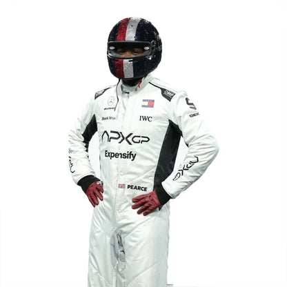 Damson Idris APX GP F1 Racing Suit Kit featuring white and black movie livery race suit, black APX GP team t-shirt, and black balaclava