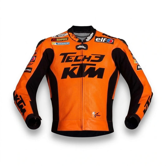 Danilo Petrucci MotoGP racing jacket KTM 2021 front view in vibrant orange and black leather with Tech3 sponsor logos