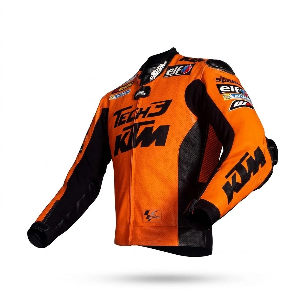 Danilo Petrucci MotoGP racing jacket KTM 2021 front view in vibrant orange and black leather with Tech3 sponsor logos