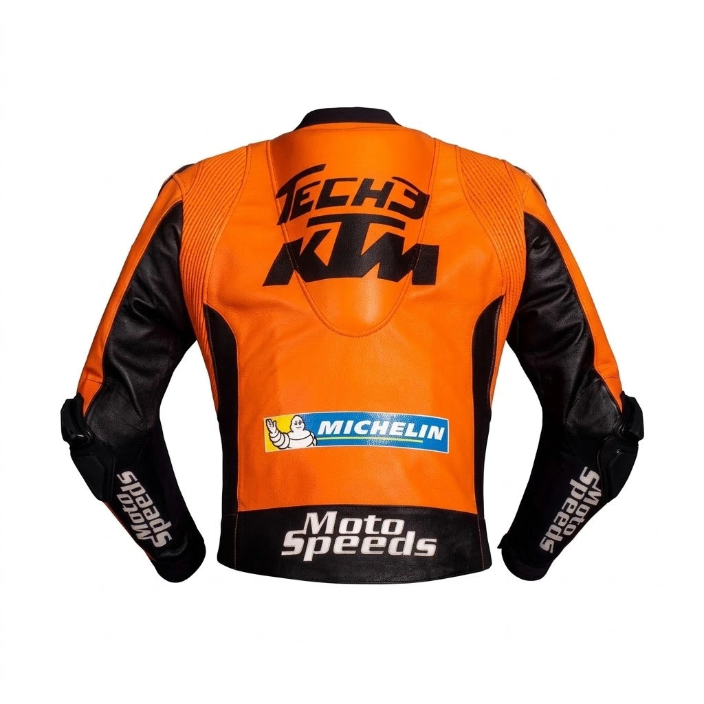 Danilo Petrucci MotoGP racing jacket KTM 2021 front view in vibrant orange and black leather with Tech3 sponsor logos