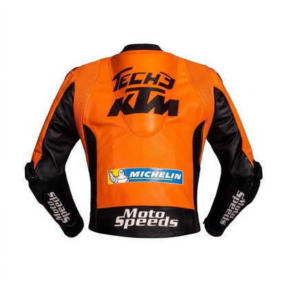 Danilo Petrucci MotoGP racing jacket KTM 2021 front view in vibrant orange and black leather with Tech3 sponsor logos