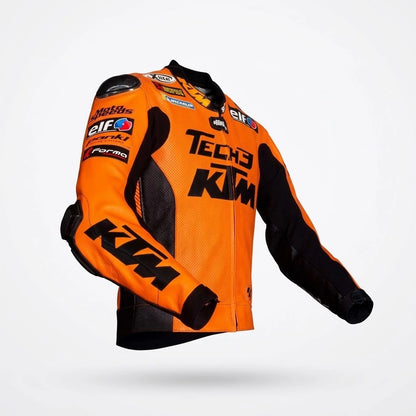Danilo Petrucci MotoGP racing jacket KTM 2021 front view in vibrant orange and black leather with Tech3 sponsor logos