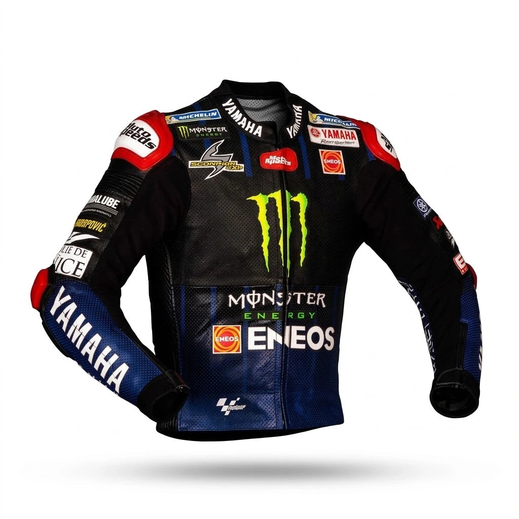 Fabio Quartararo MotoGP leather racing jacket Yamaha 2021 front view in black and blue leather with Monster Energy and ENEOS sponsor logos