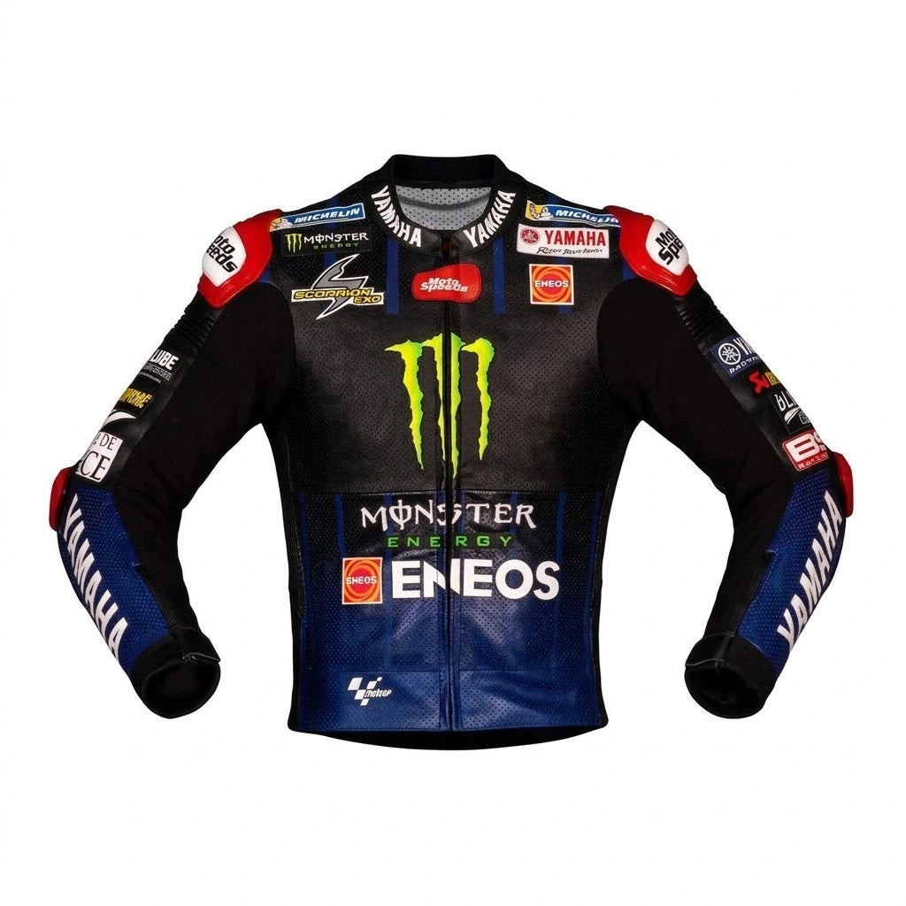 Fabio Quartararo MotoGP leather racing jacket Yamaha 2021 front view in black and blue leather with Monster Energy and ENEOS sponsor logos