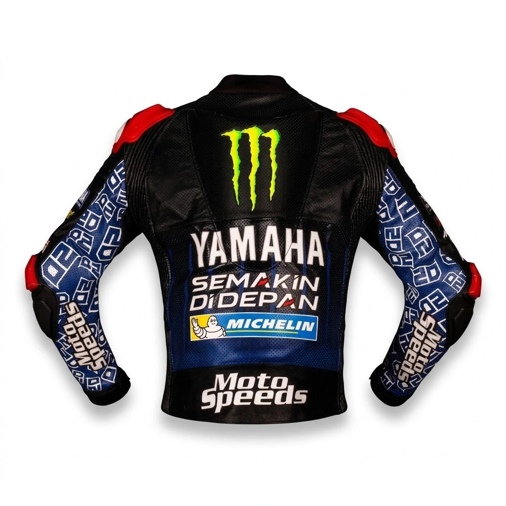 Fabio Quartararo MotoGP leather racing jacket Yamaha 2021 front view in black and blue leather with Monster Energy and ENEOS sponsor logos