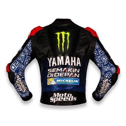 Fabio Quartararo MotoGP leather racing jacket Yamaha 2021 front view in black and blue leather with Monster Energy and ENEOS sponsor logos
