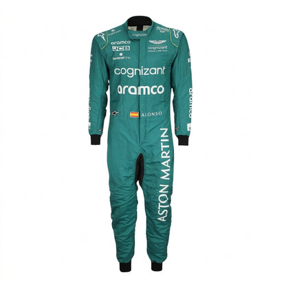 Front view of Fernando Alonso 2023 Miami GP Aston Martin inspired go-kart racing suit in green displayed on mannequin studio setup.