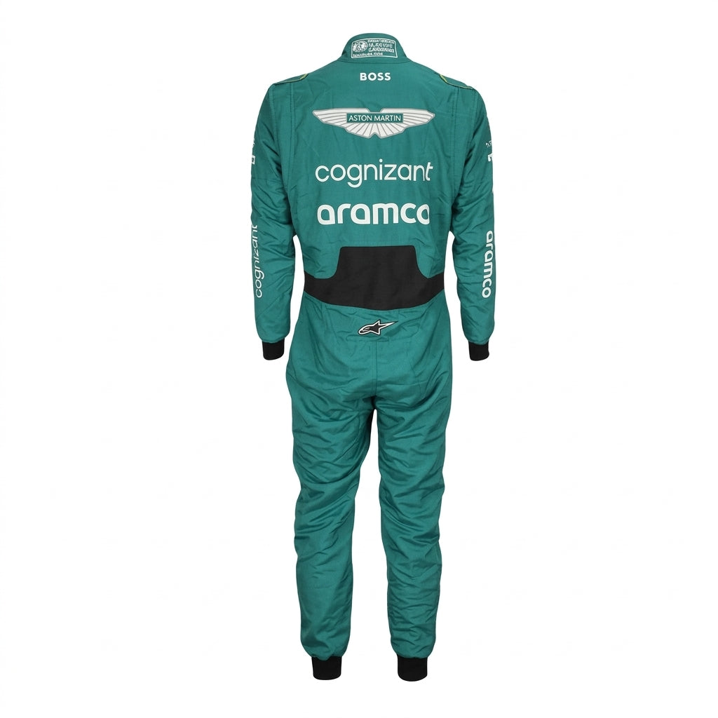 Front view of Fernando Alonso 2023 Miami GP Aston Martin inspired go-kart racing suit in green displayed on mannequin studio setup.