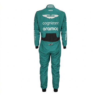 Front view of Fernando Alonso 2023 Miami GP Aston Martin inspired go-kart racing suit in green displayed on mannequin studio setup.